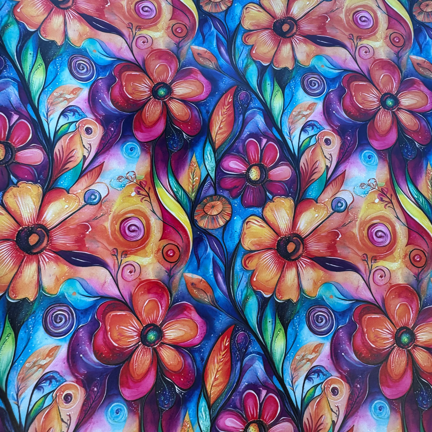 Bright florals on blue Faux Leather / vinyl