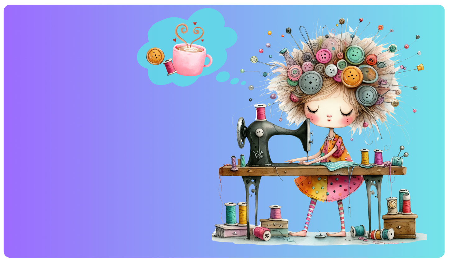Sewing Machine Mat Quirky girl with coffee