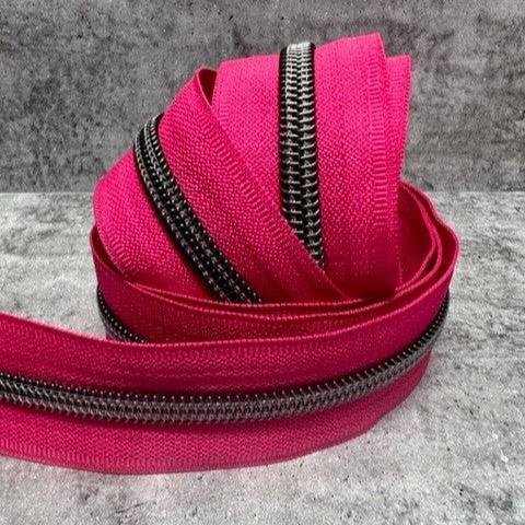 #5 zipper tape Hot Pink with gunmetal teeth 10 metre bundle