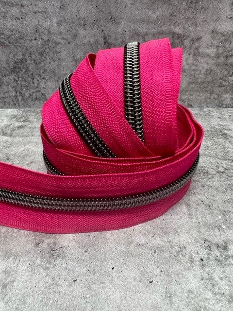 #5 zipper tape Hot Pink with gunmetal teeth 5 metre bundle