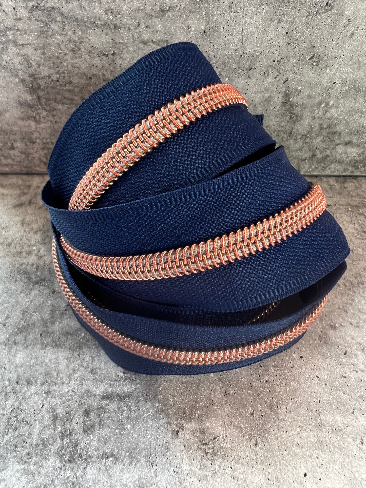 #5 zipper tape Navy Blue Rose Gold teeth  1, 3, 5 and 10 metre bundles available