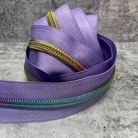 #5 zipper tape Lilac with rainbow teeth 10 metre bundle