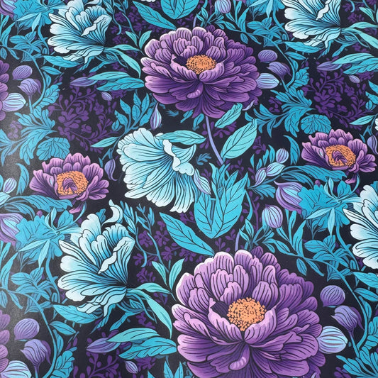 Floral pattern with purple and blue flowers on a dark background