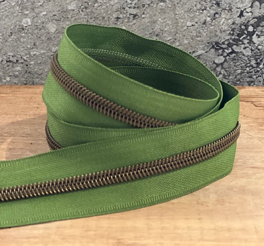 #5 zipper tape Olive with bronze teeth 10 metre bundle