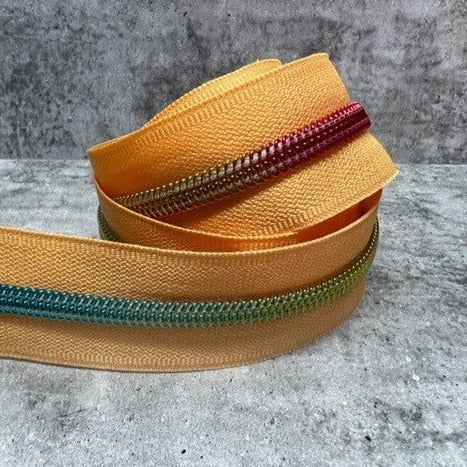 #5 zipper tape Peach with rainbow teeth 1, 3, 5 metre bundles available