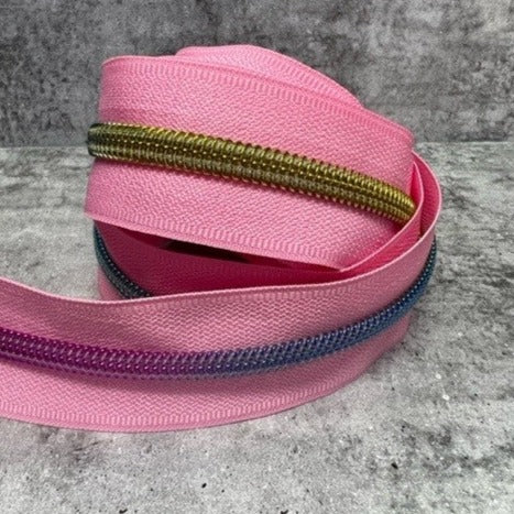 #5 zipper tape Pale pink with rainbow teeth 1, 3, 5and 10 metre bundles available