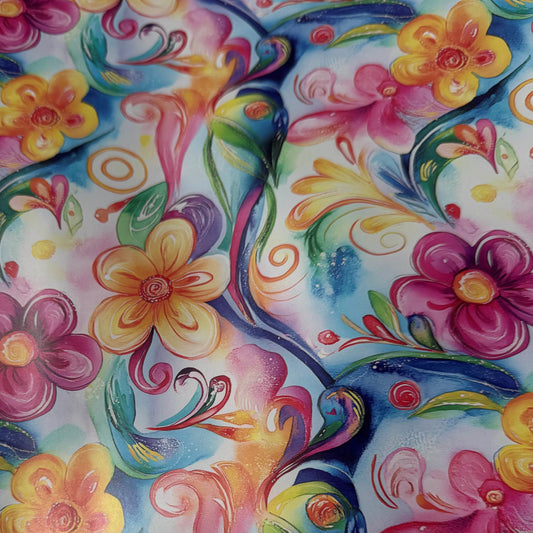 Colorful floral and abstract design on a multicolored background