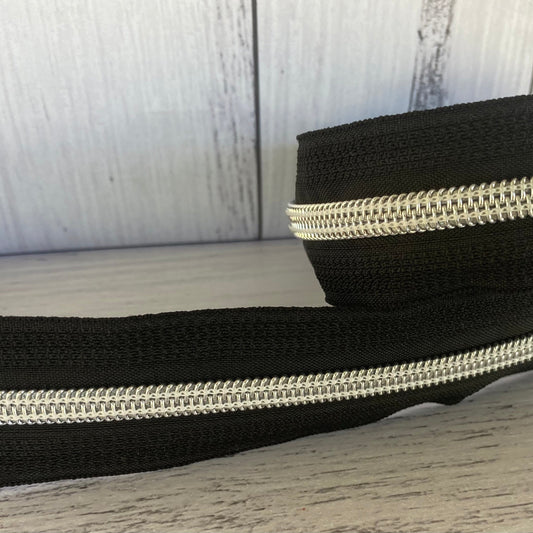 #5 Black zipper silver teeth 1, 5 and 10 metre bundles